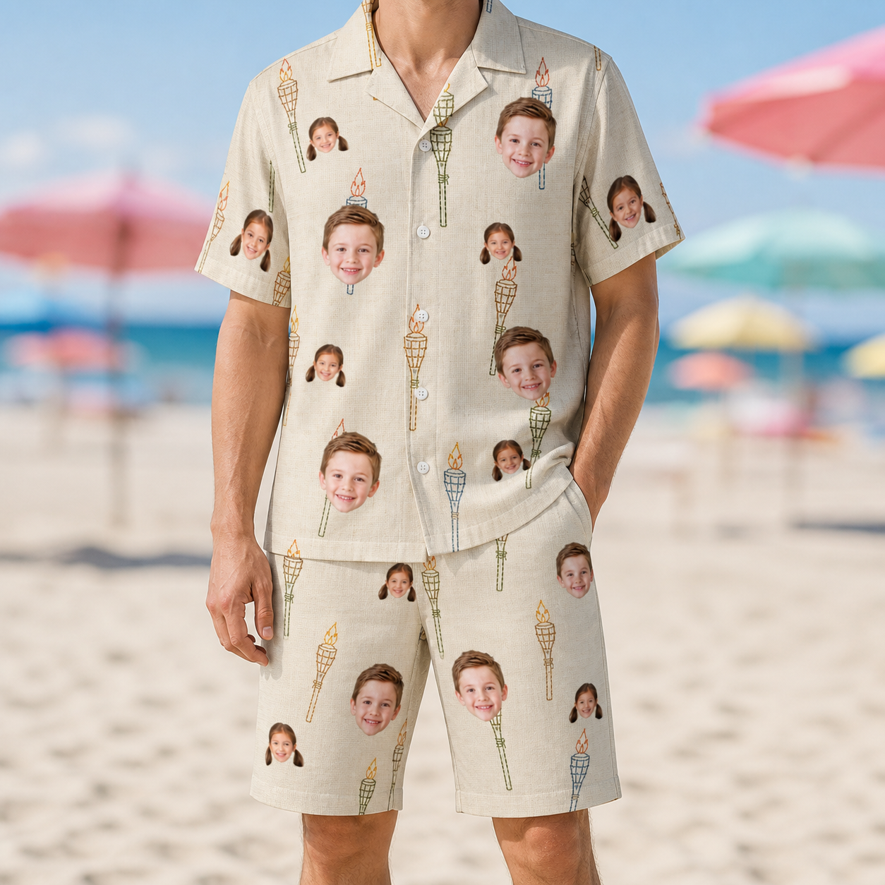 Model wearing Men's Brazier Bohemia Custom Face Shirt & Shorts Set printed with kids' faces
