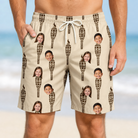 Model wearing Men's Rattan Radiance Custom Face Beach Shorts printed with kids' faces