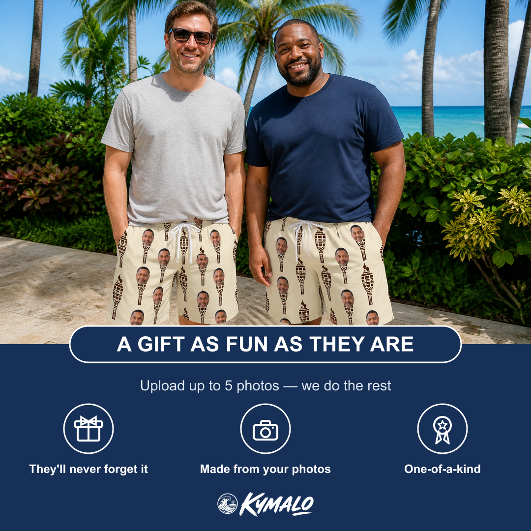 Friends in matching Men's Rattan Radiance Custom Face Beach Shorts — a group gift photo