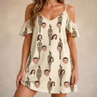 Model wearing Women's Rattan Radiance Custom Face Off-Shoulder Dress printed with kids' faces