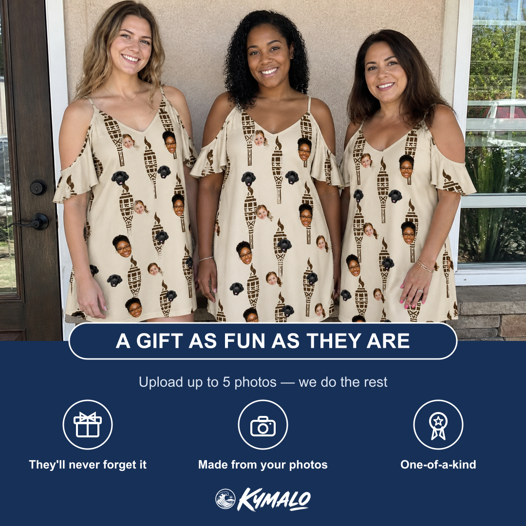 Friends in matching Women's Rattan Radiance Custom Face Off-Shoulder Dress — a group gift photo