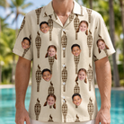 Model wearing Men's Rattan Radiance Custom Face Hawaiian Shirt printed with kids' faces