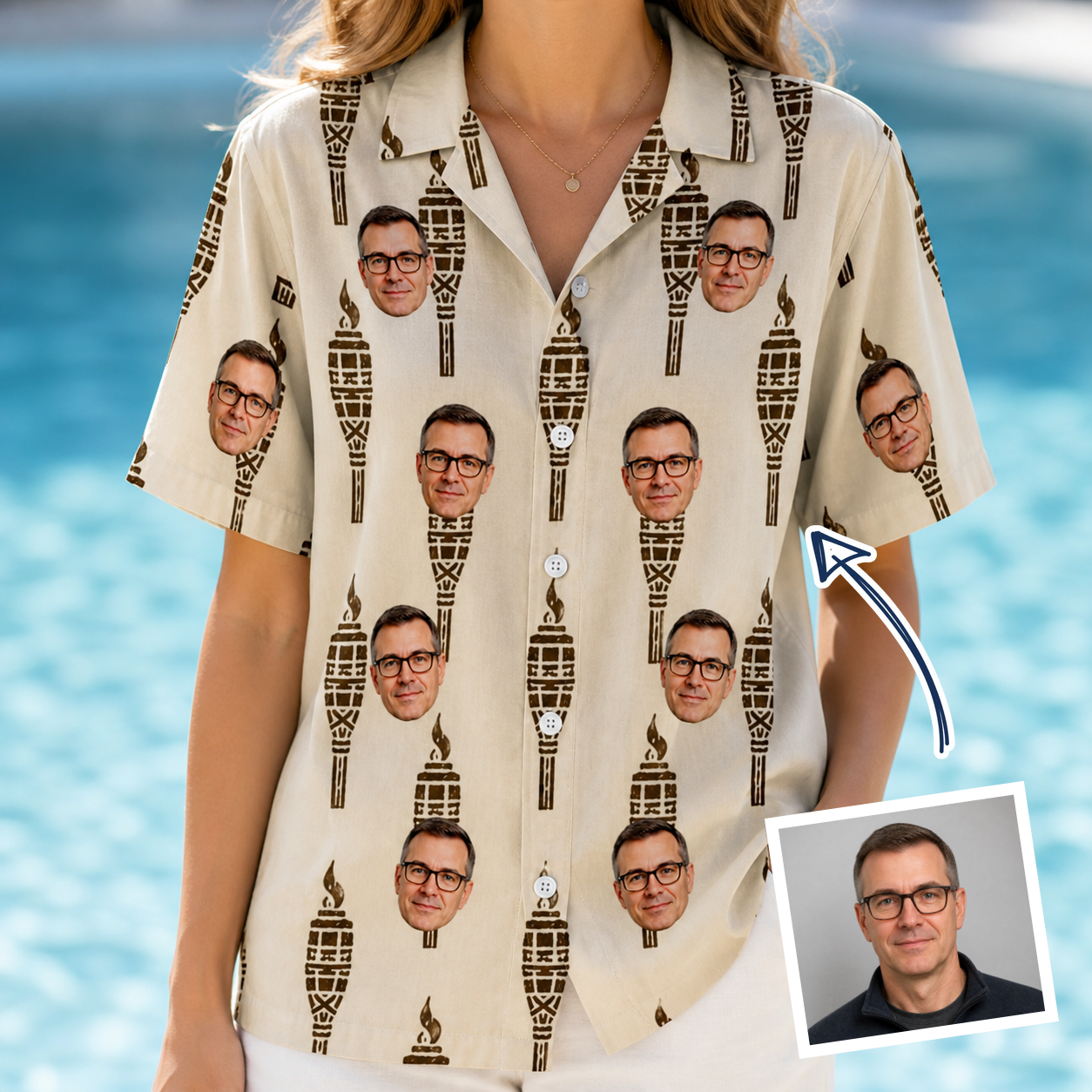 Woman wearing Women's Rattan Radiance Custom Face Hawaiian Shirt — custom faces printed all-over