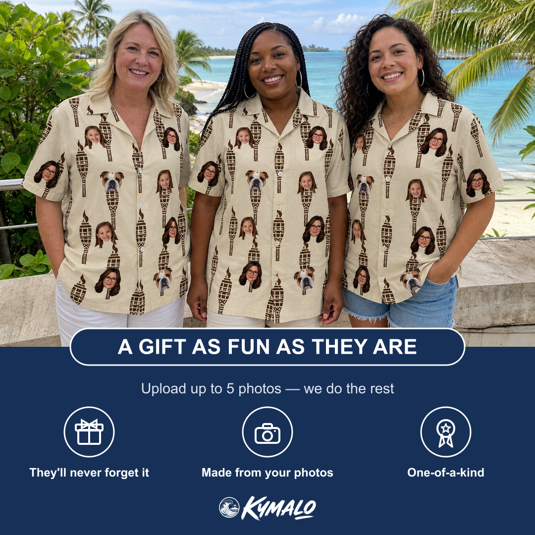 Friends in matching Women's Rattan Radiance Custom Face Hawaiian Shirt — a group gift photo
