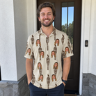 Real-life photo of someone wearing Men's Rattan Radiance Custom Face Polo Shirt — custom faces printed all-over