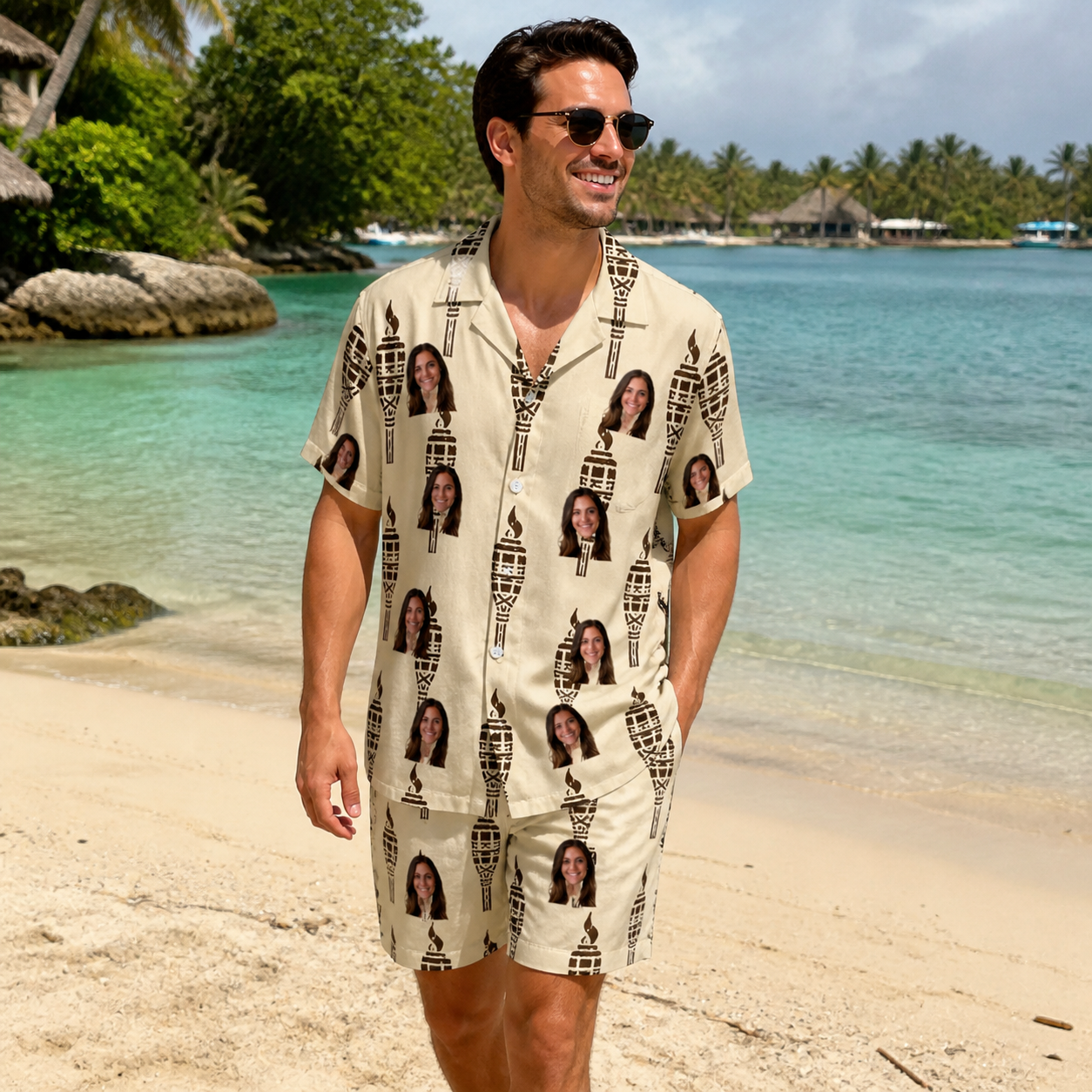 Real-life photo of someone wearing Men's Rattan Radiance Custom Face Shirt & Shorts Set — custom faces printed all-over