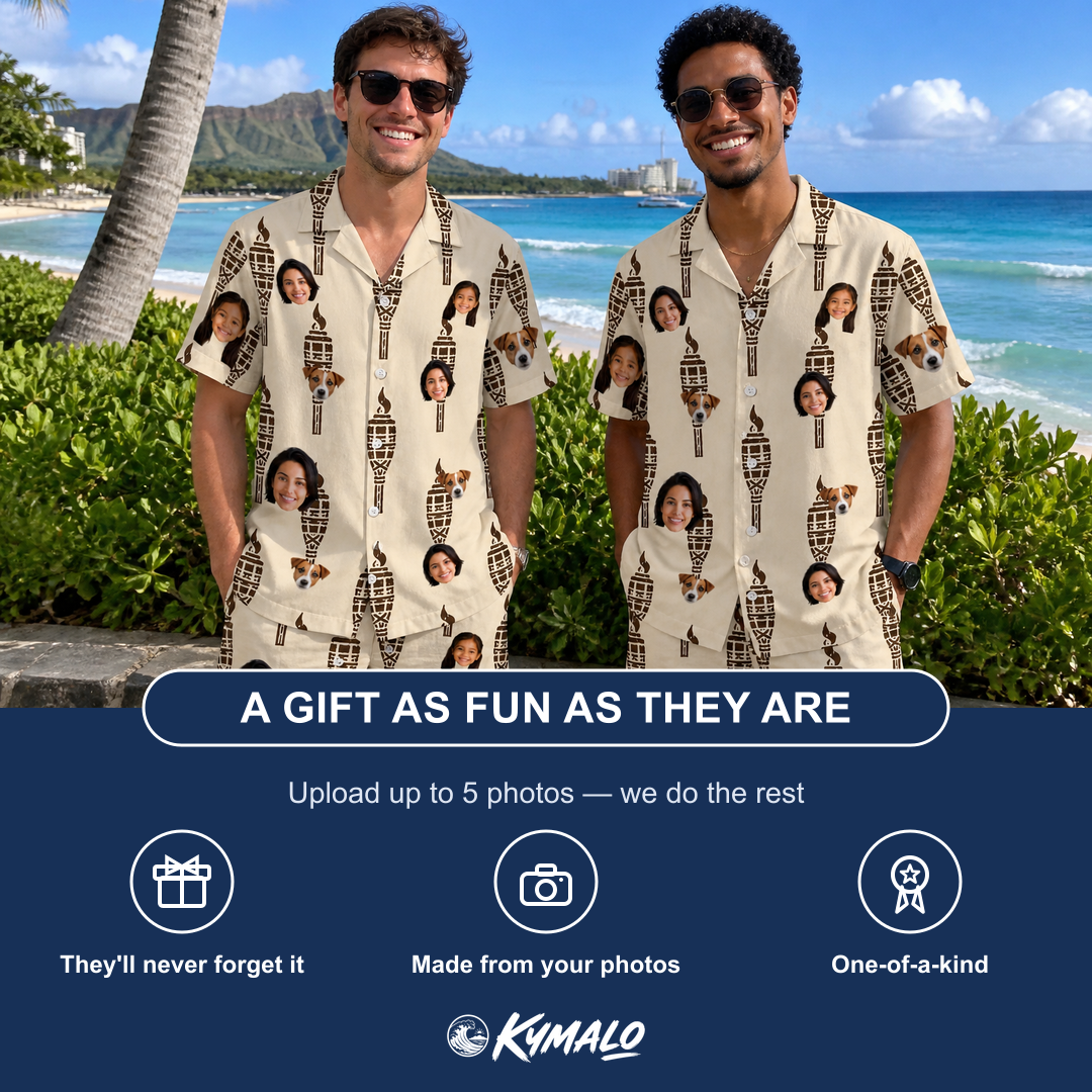 Friends in matching Men's Rattan Radiance Custom Face Shirt & Shorts Set — a group gift photo