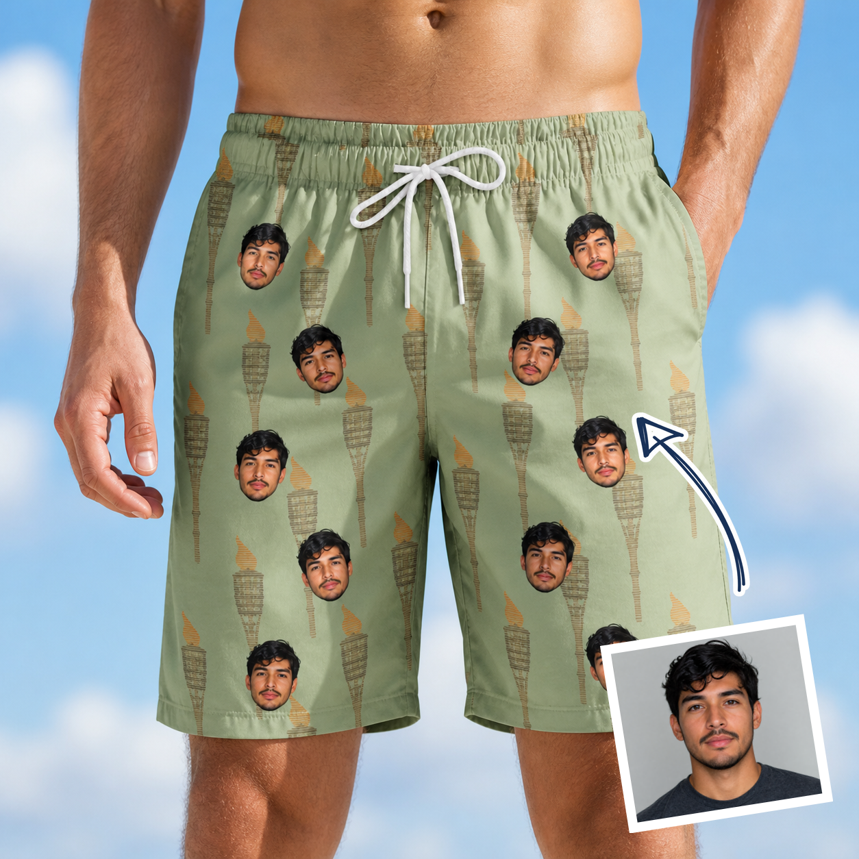 Man wearing Men's Flame Fête Custom Face Beach Shorts — custom faces printed all-over