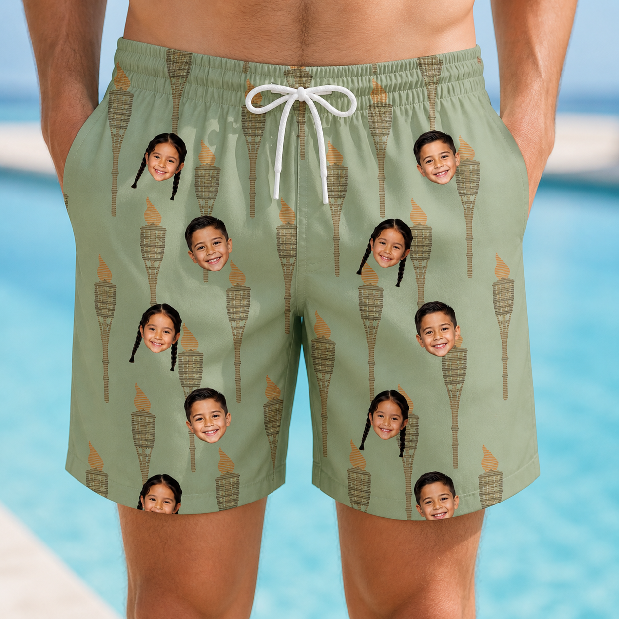Model wearing Men's Flame Fête Custom Face Beach Shorts printed with kids' faces