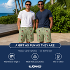 Friends in matching Men's Flame Fête Custom Face Beach Shorts — a group gift photo