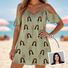Woman wearing Women's Flame Fête Custom Face Off-Shoulder Dress — custom faces printed all-over