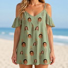 Model wearing Women's Flame Fête Custom Face Off-Shoulder Dress printed with kids' faces