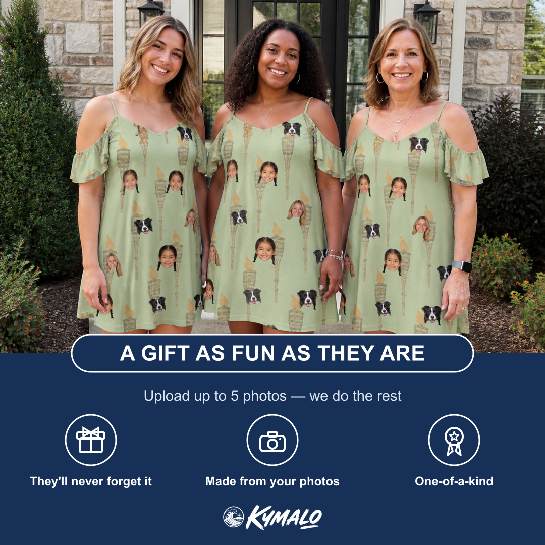 Friends in matching Women's Flame Fête Custom Face Off-Shoulder Dress — a group gift photo