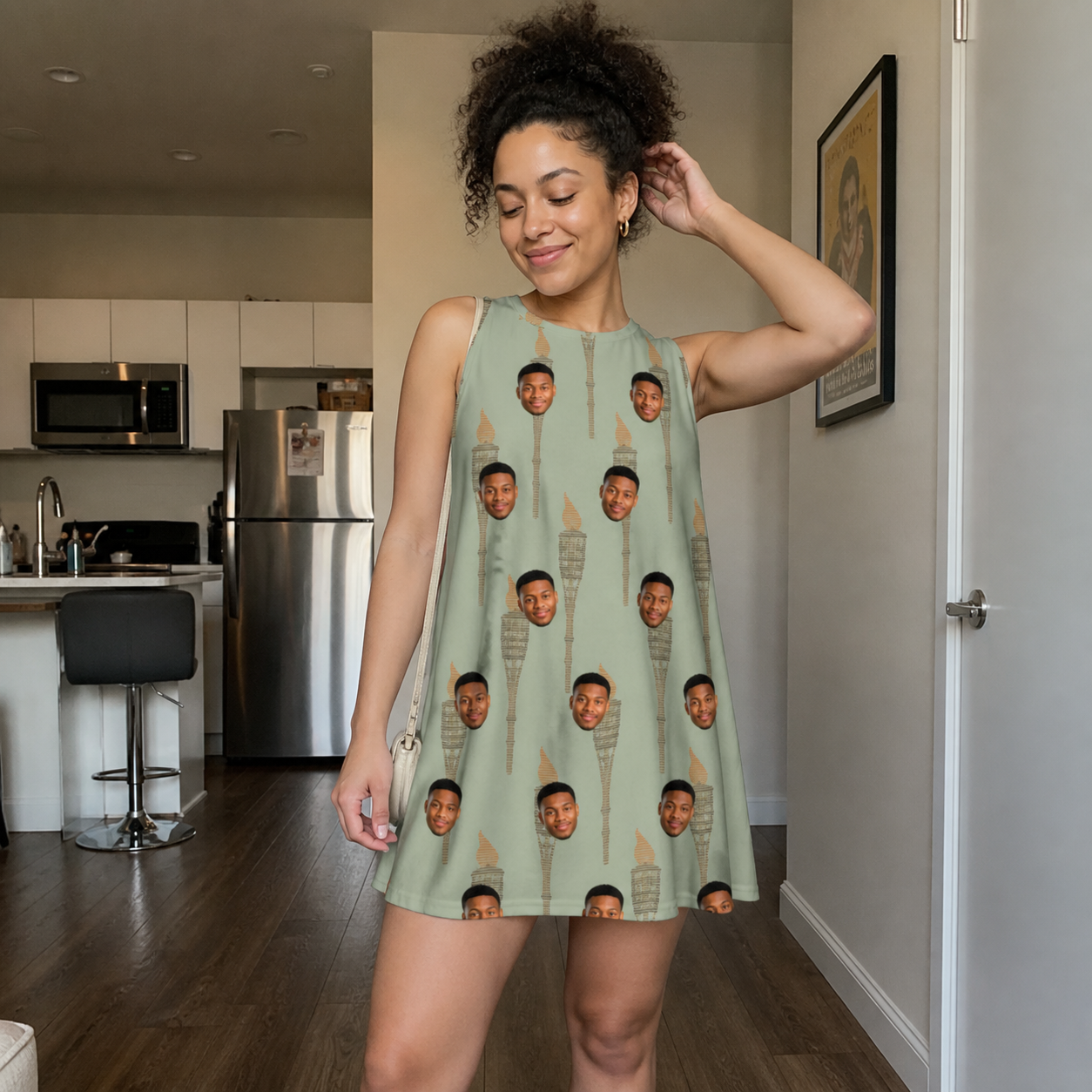 Real-life photo of someone wearing Women's Flame Fête Custom Face Tank Dress — custom faces printed all-over