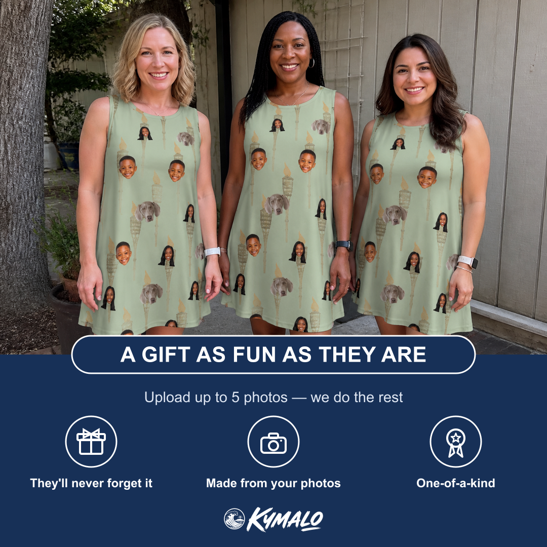 Friends in matching Women's Flame Fête Custom Face Tank Dress — a group gift photo