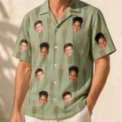 Model wearing Men's Flame Fête Custom Face Hawaiian Shirt printed with kids' faces