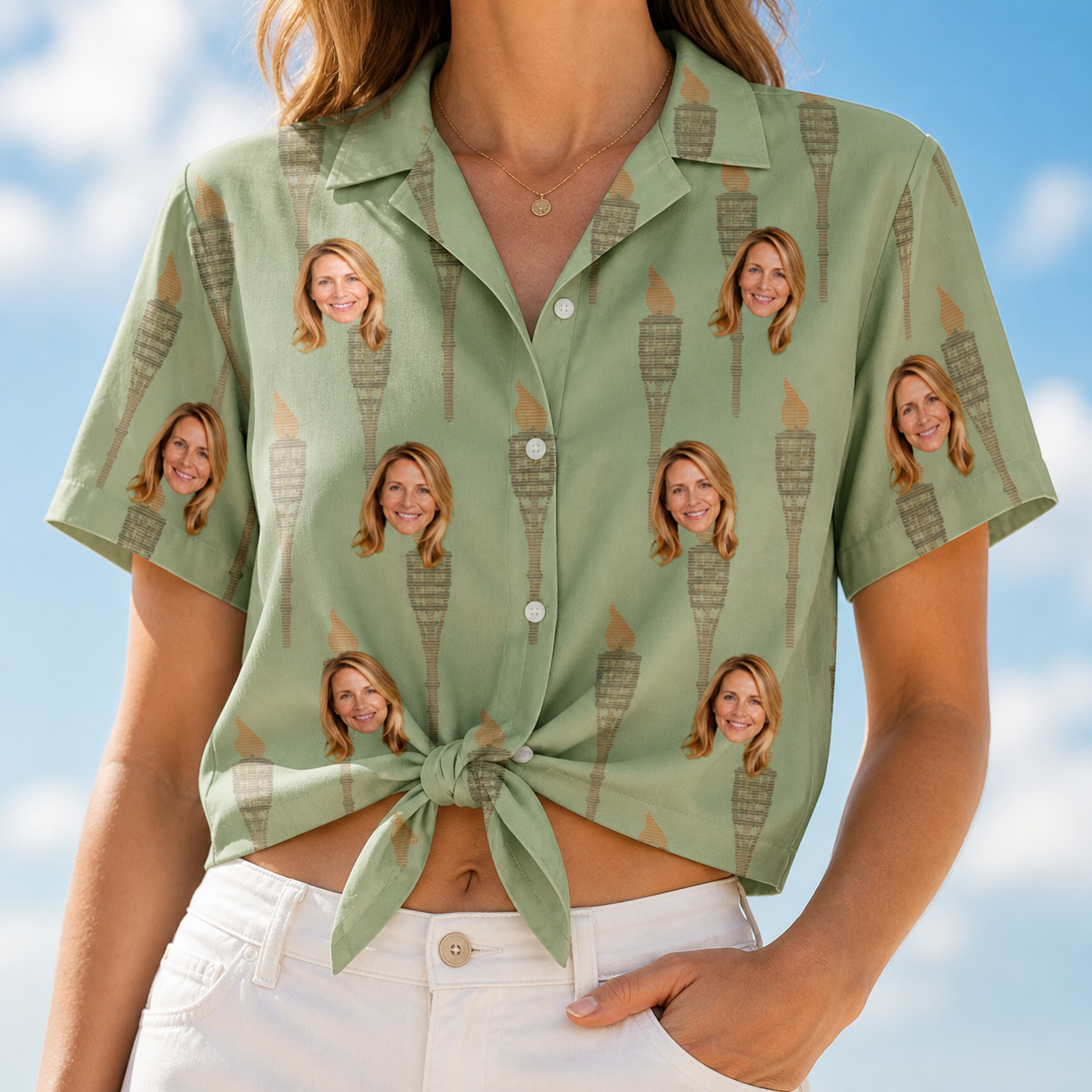 Woman wearing Women's Flame Fête Custom Face Hawaiian Shirt tied at the waist