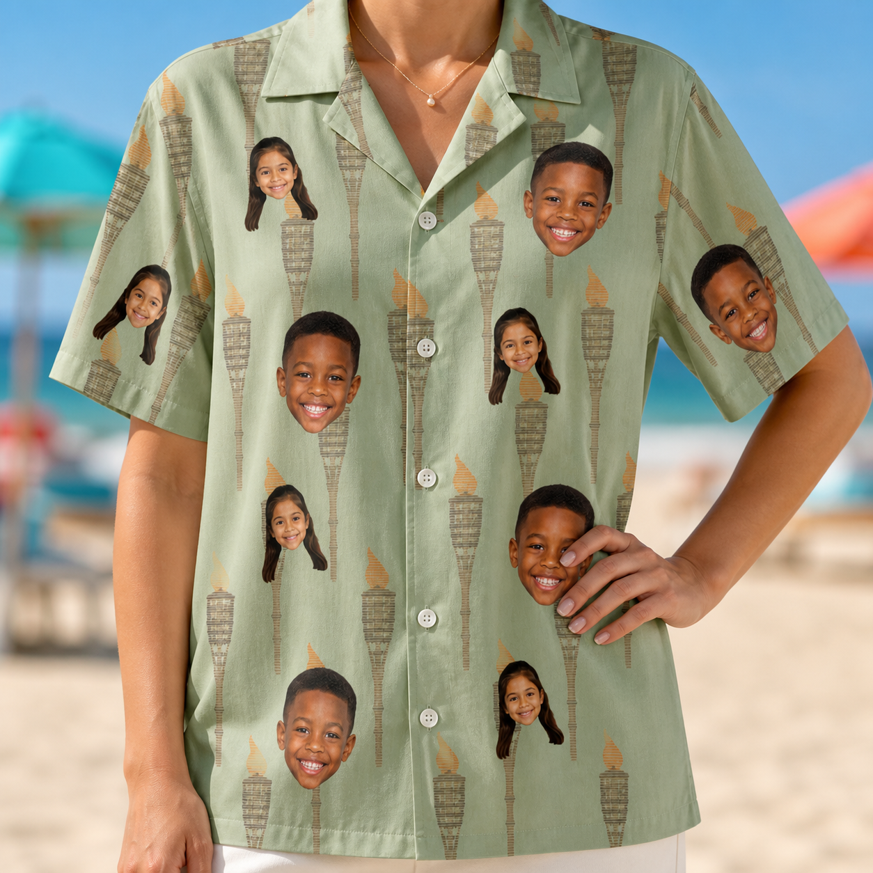 Model wearing Women's Flame Fête Custom Face Hawaiian Shirt printed with kids' faces