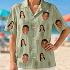 Model wearing Women's Flame Fête Custom Face Hawaiian Shirt printed with kids' faces