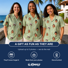 Friends in matching Women's Flame Fête Custom Face Hawaiian Shirt — a group gift photo