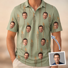 Man wearing Men's Flame Fête Custom Face Polo Shirt — custom faces printed all-over