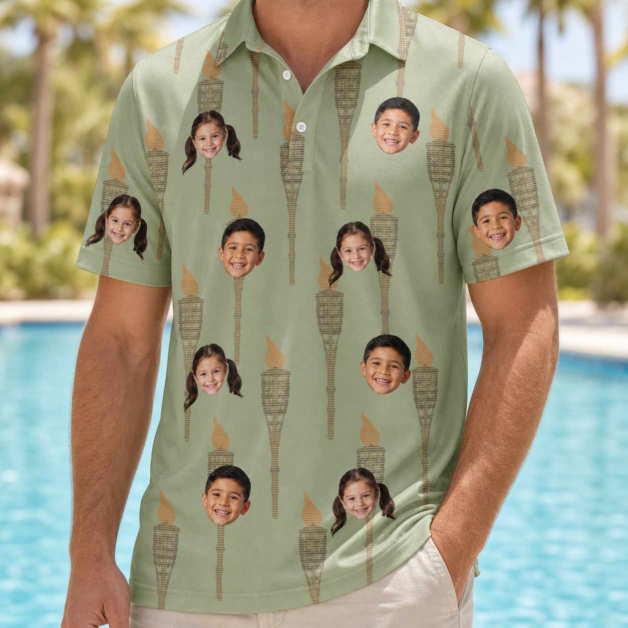 Model wearing Men's Flame Fête Custom Face Polo Shirt printed with kids' faces