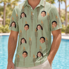 Model wearing Men's Flame Fête Custom Face Polo Shirt printed with kids' faces