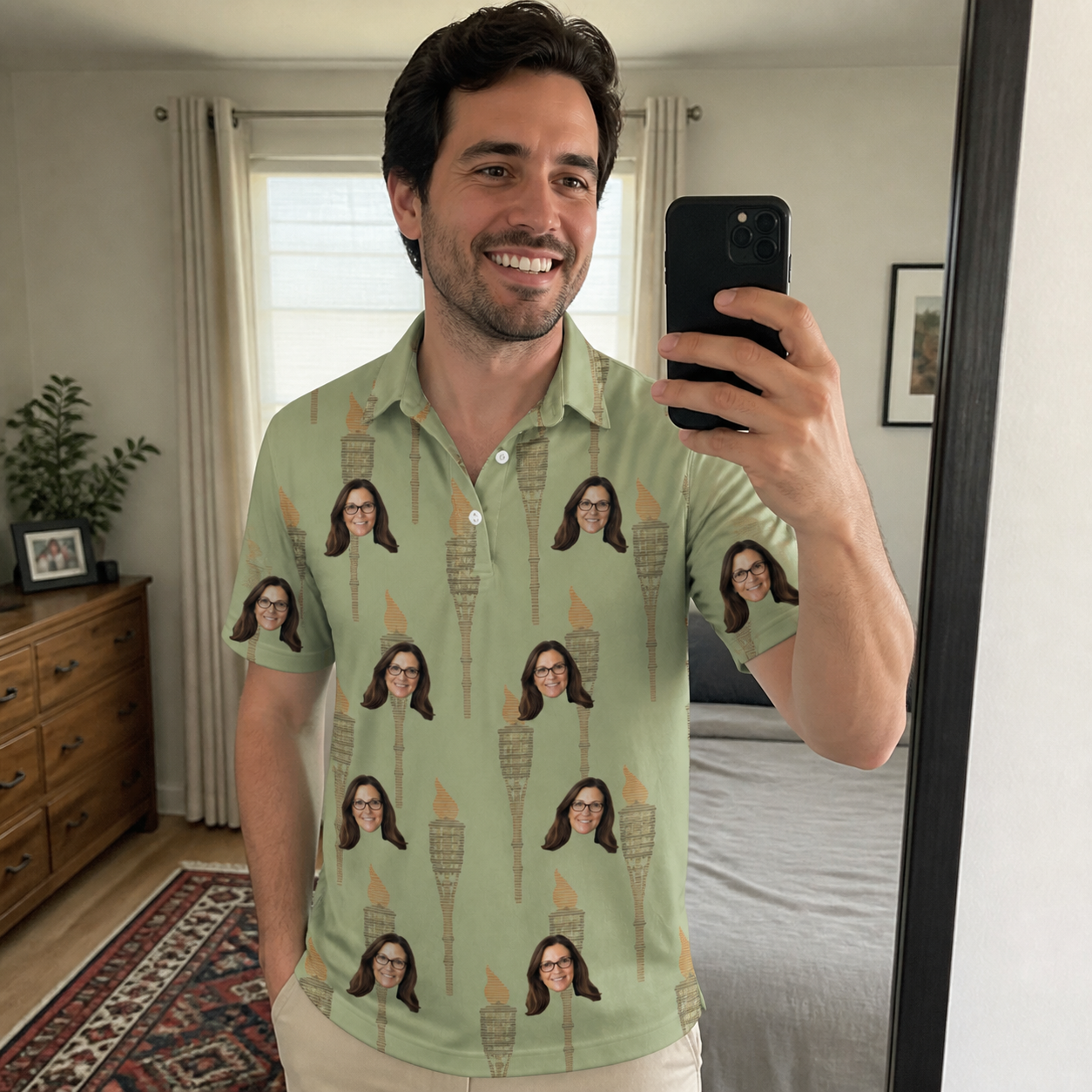 Real-life photo of someone wearing Men's Flame Fête Custom Face Polo Shirt — custom faces printed all-over