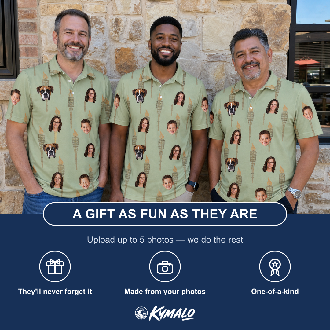 Friends in matching Men's Flame Fête Custom Face Polo Shirt — a group gift photo