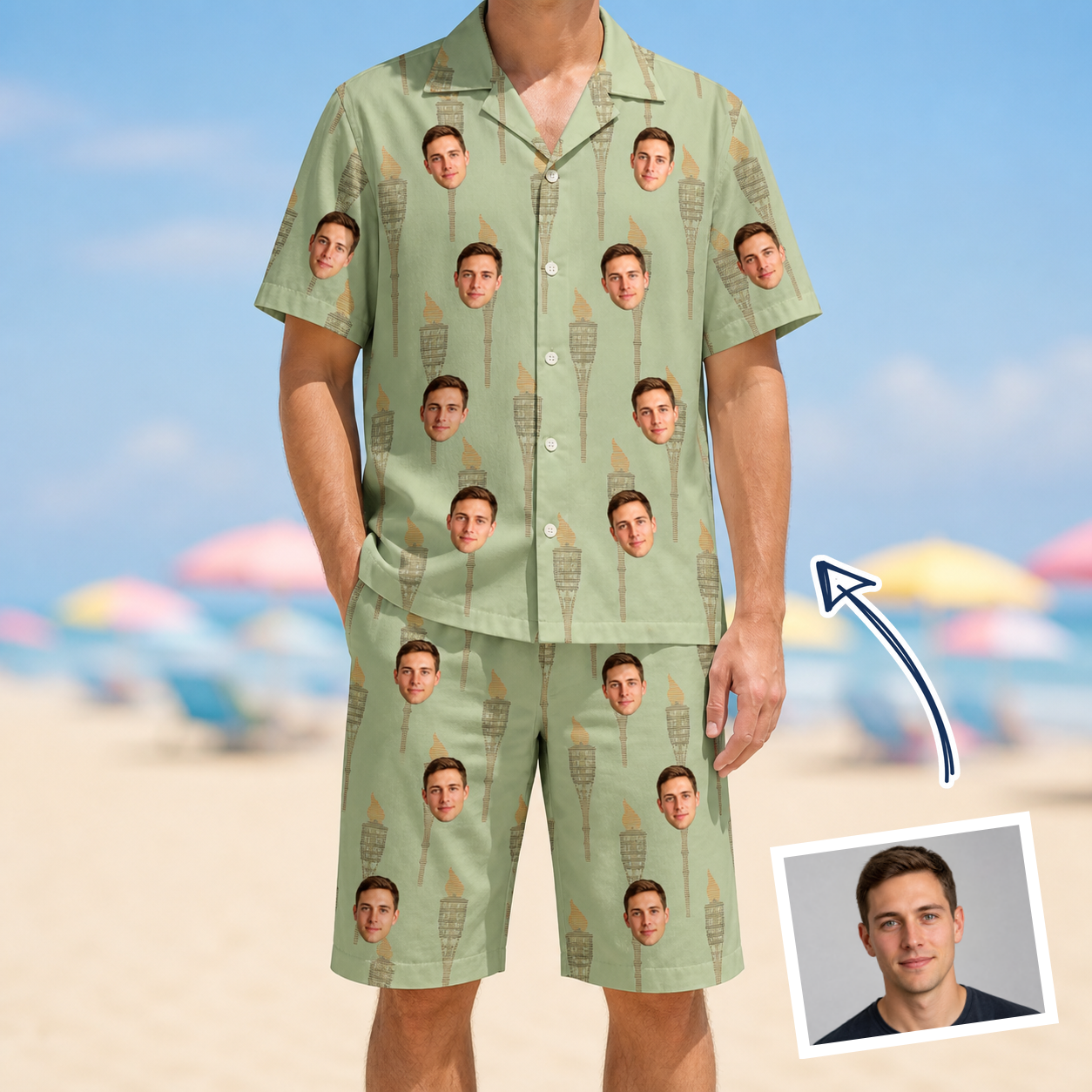 Man wearing Men's Flame Fête Custom Face Shirt & Shorts Set — custom faces printed all-over