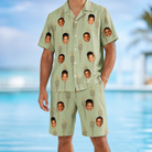 Model wearing Men's Flame Fête Custom Face Shirt & Shorts Set printed with kids' faces