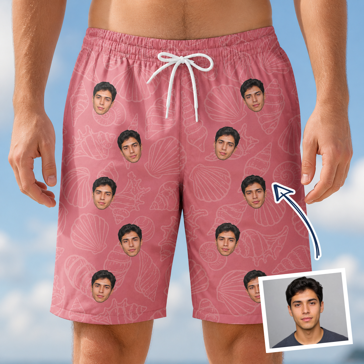 Man wearing Men's Tidal Trinkets Custom Face Beach Shorts — custom faces printed all-over
