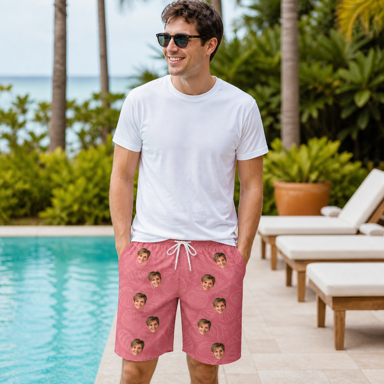 Real-life photo of someone wearing Men's Tidal Trinkets Custom Face Beach Shorts — custom faces printed all-over
