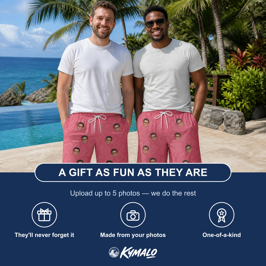 Friends in matching Men's Tidal Trinkets Custom Face Beach Shorts — a group gift photo