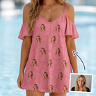 Woman wearing Women's Tidal Trinkets Custom Face Off-Shoulder Dress — custom faces printed all-over