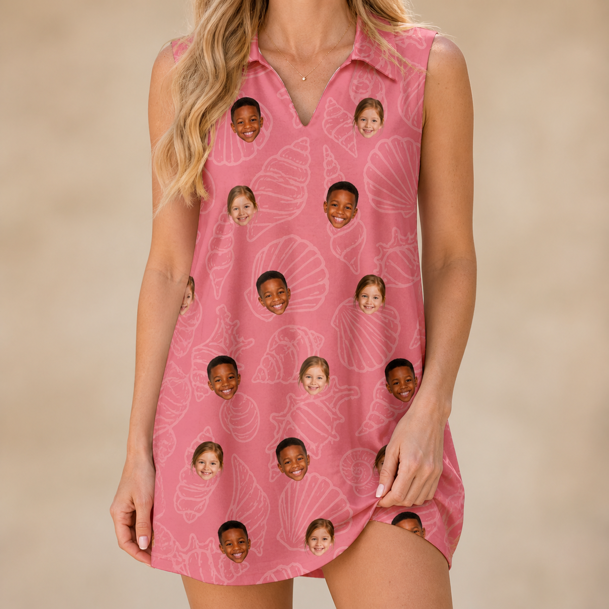 Model wearing Women's Tidal Trinkets Custom Face V-Neck Dress printed with kids' faces