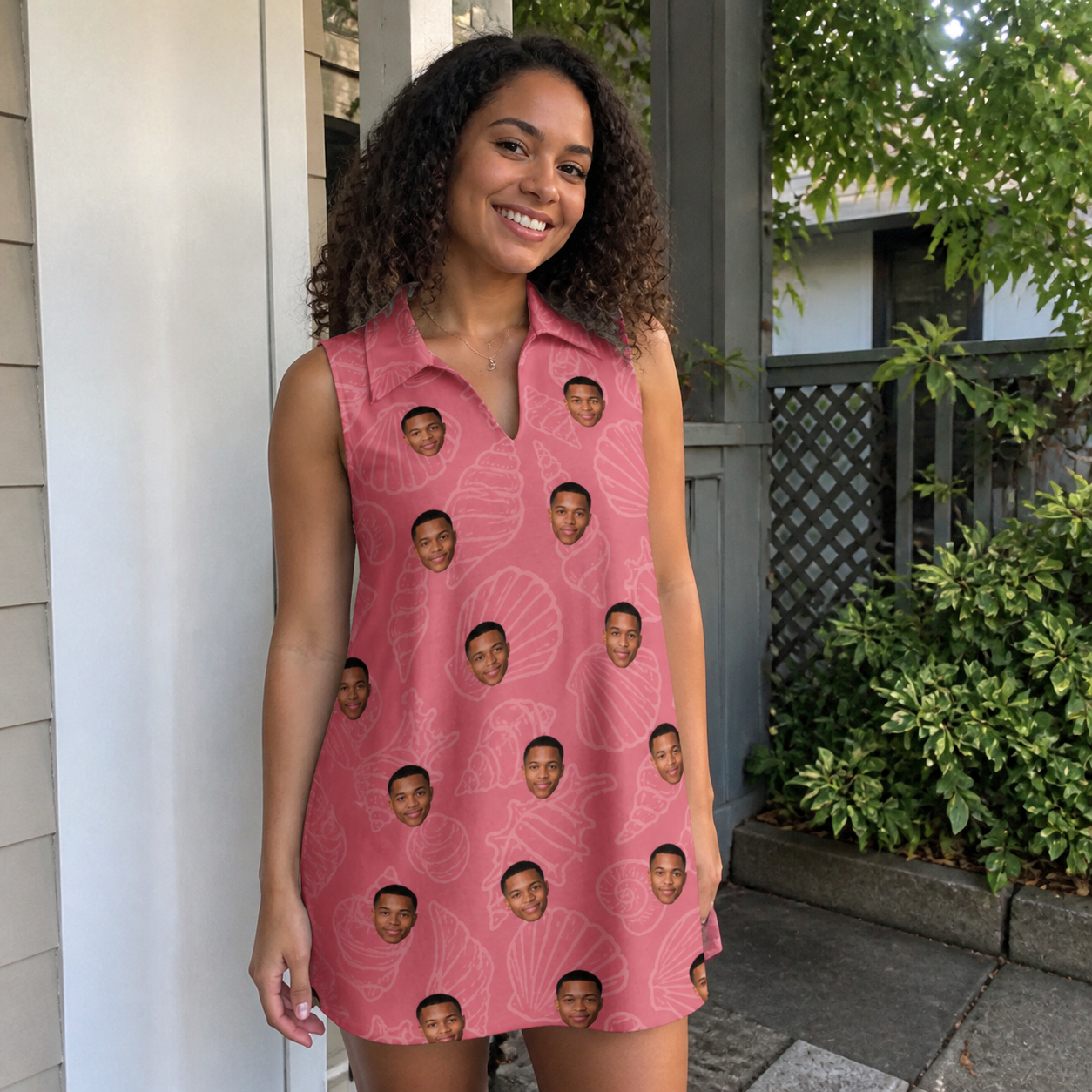 Real-life photo of someone wearing Women's Tidal Trinkets Custom Face V-Neck Dress — custom faces printed all-over