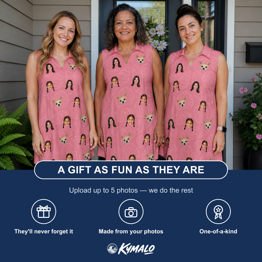 Friends in matching Women's Tidal Trinkets Custom Face V-Neck Dress — a group gift photo