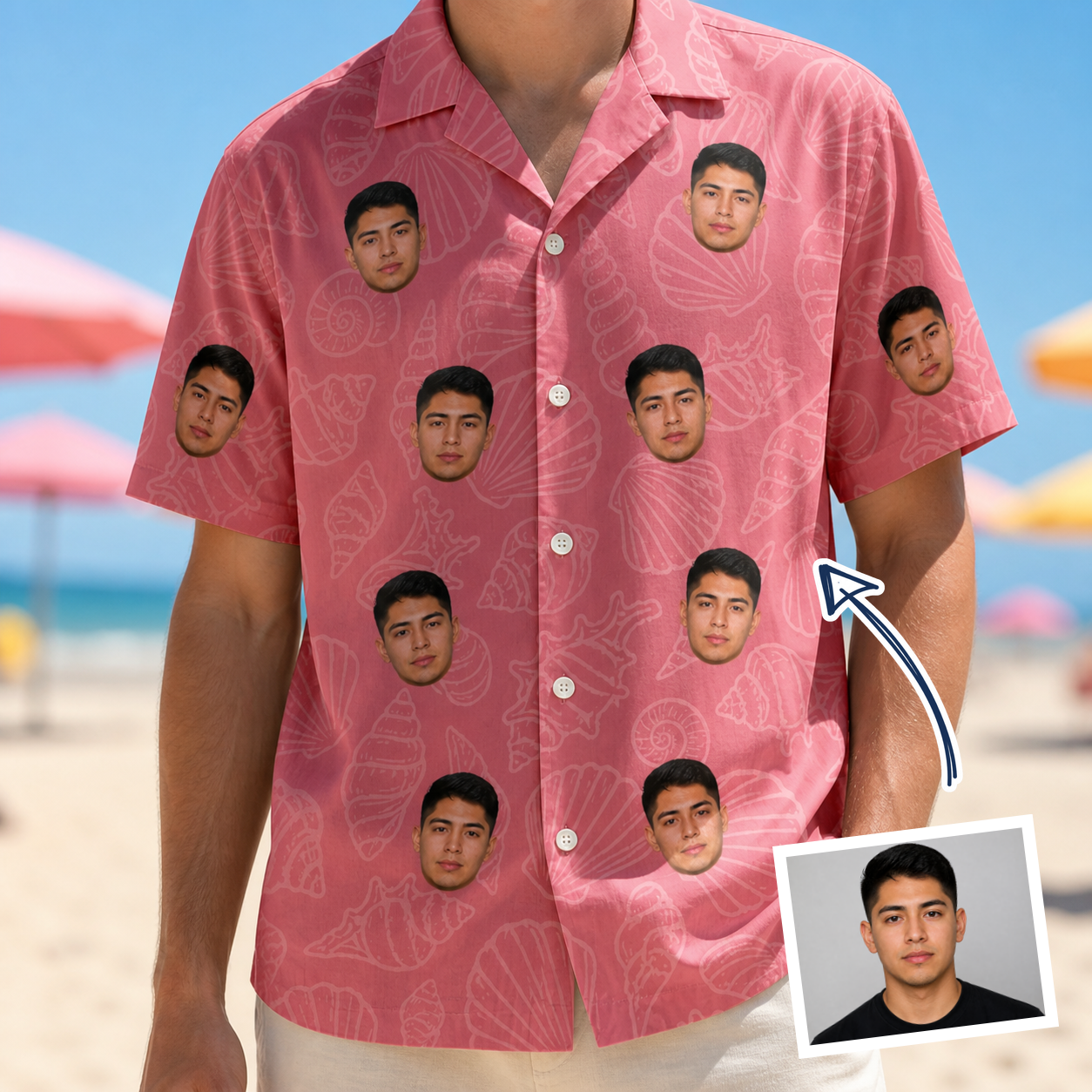 Man wearing Men's Tidal Trinkets Custom Face Hawaiian Shirt — custom faces printed all-over
