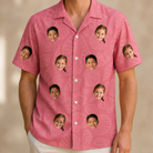 Model wearing Men's Tidal Trinkets Custom Face Hawaiian Shirt printed with kids' faces