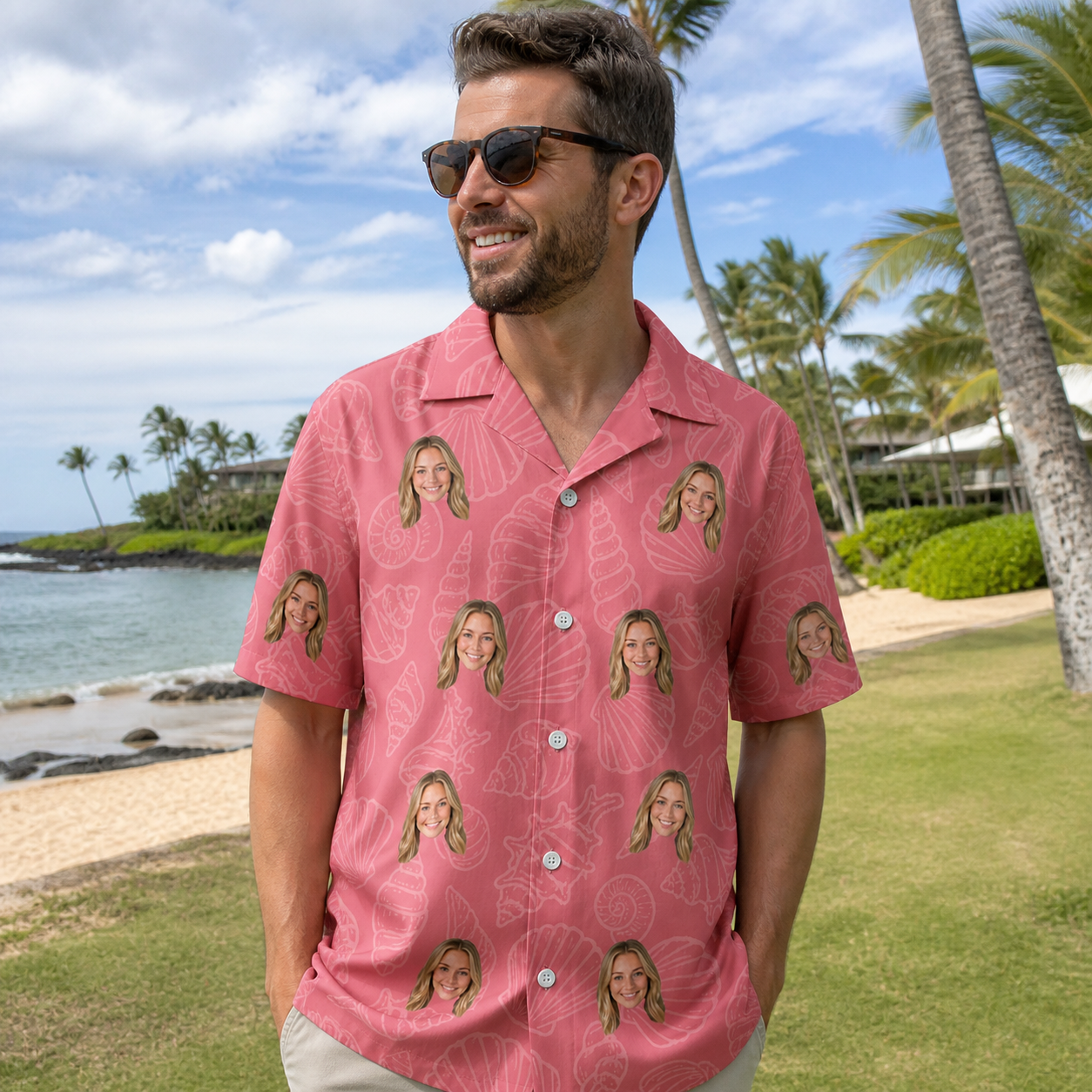 Real-life photo of someone wearing Men's Tidal Trinkets Custom Face Hawaiian Shirt — custom faces printed all-over