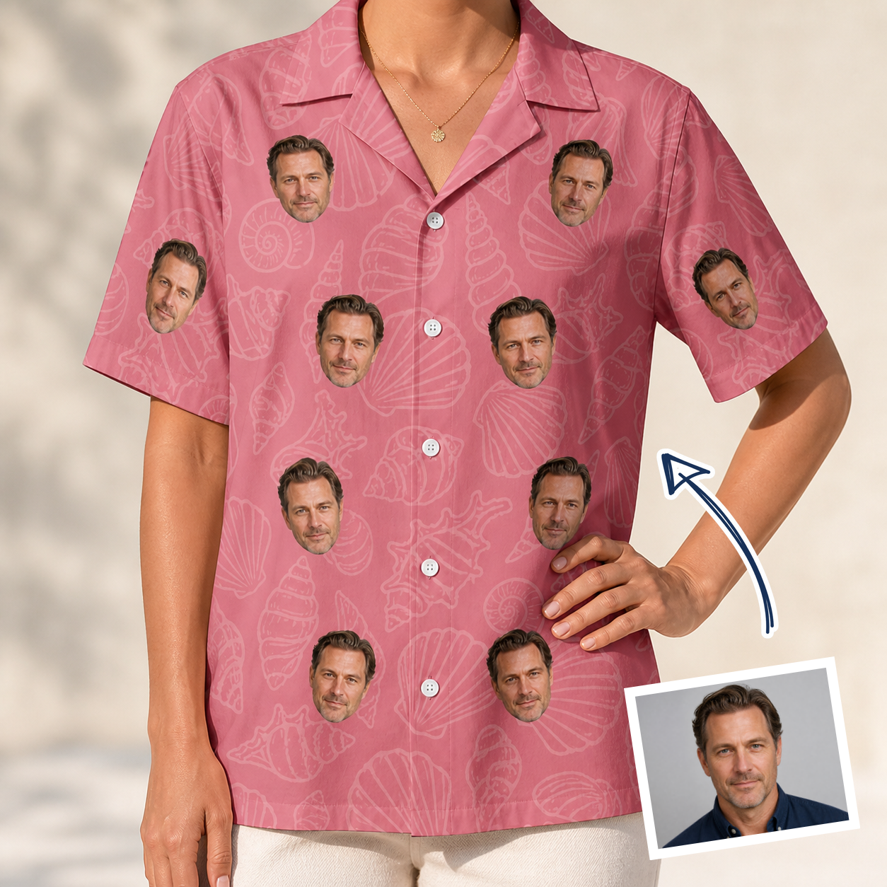 Woman wearing Women's Tidal Trinkets Custom Face Hawaiian Shirt — custom faces printed all-over