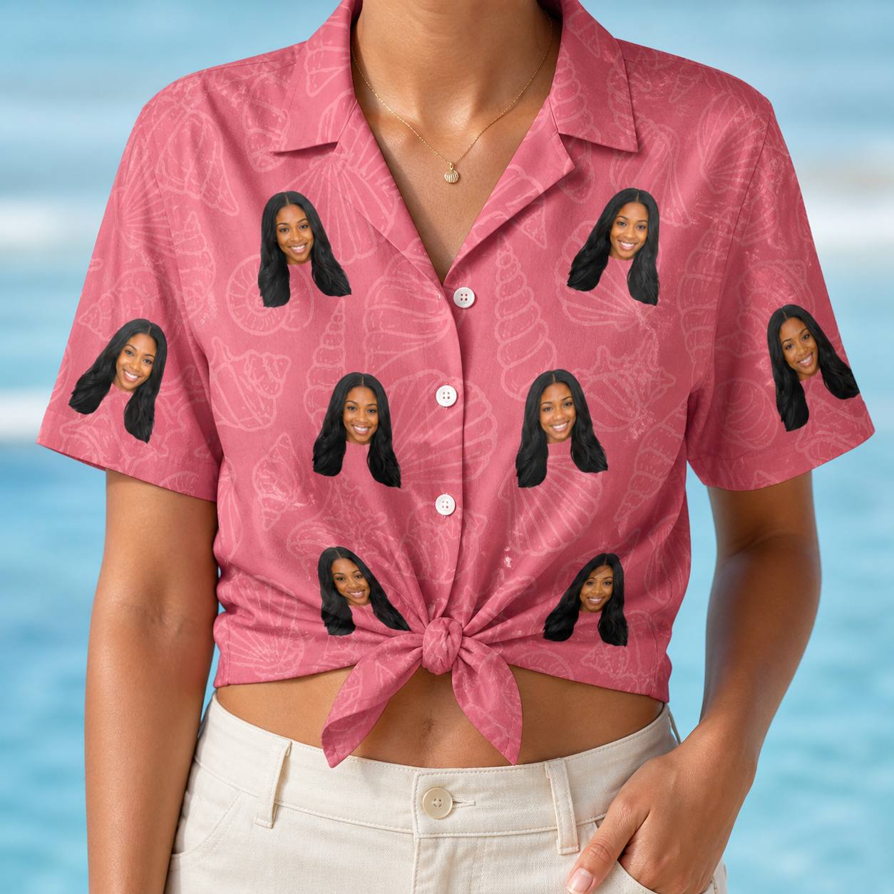 Woman wearing Women's Tidal Trinkets Custom Face Hawaiian Shirt tied at the waist