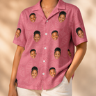 Model wearing Women's Tidal Trinkets Custom Face Hawaiian Shirt printed with kids' faces