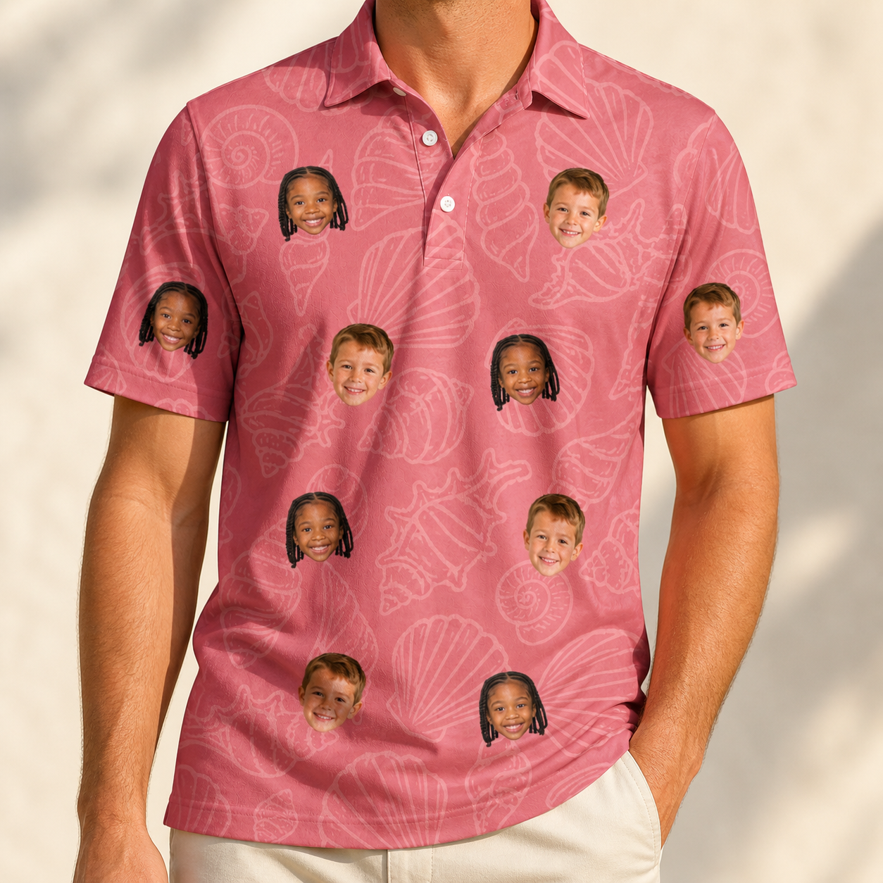 Model wearing Men's Tidal Trinkets Custom Face Polo Shirt printed with kids' faces
