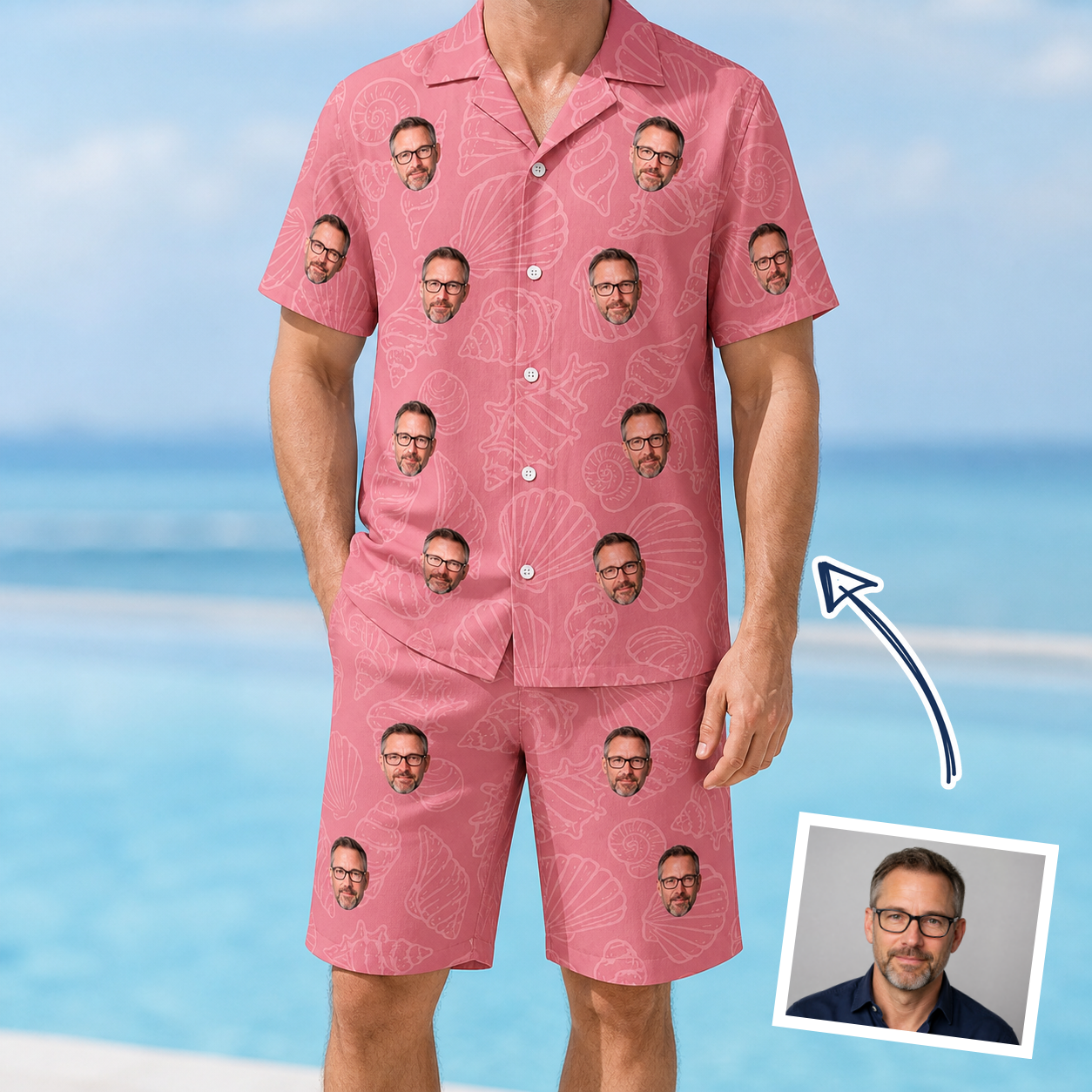 Man wearing Men's Tidal Trinkets Custom Face Shirt & Shorts Set — custom faces printed all-over