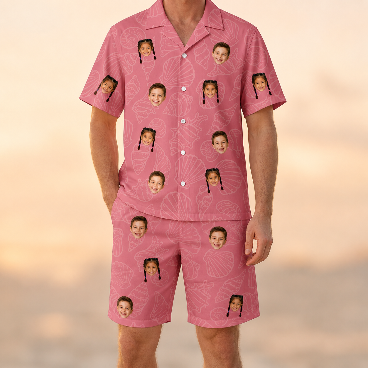 Model wearing Men's Tidal Trinkets Custom Face Shirt & Shorts Set printed with kids' faces