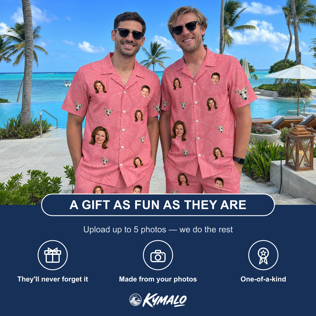 Friends in matching Men's Tidal Trinkets Custom Face Shirt & Shorts Set — a group gift photo