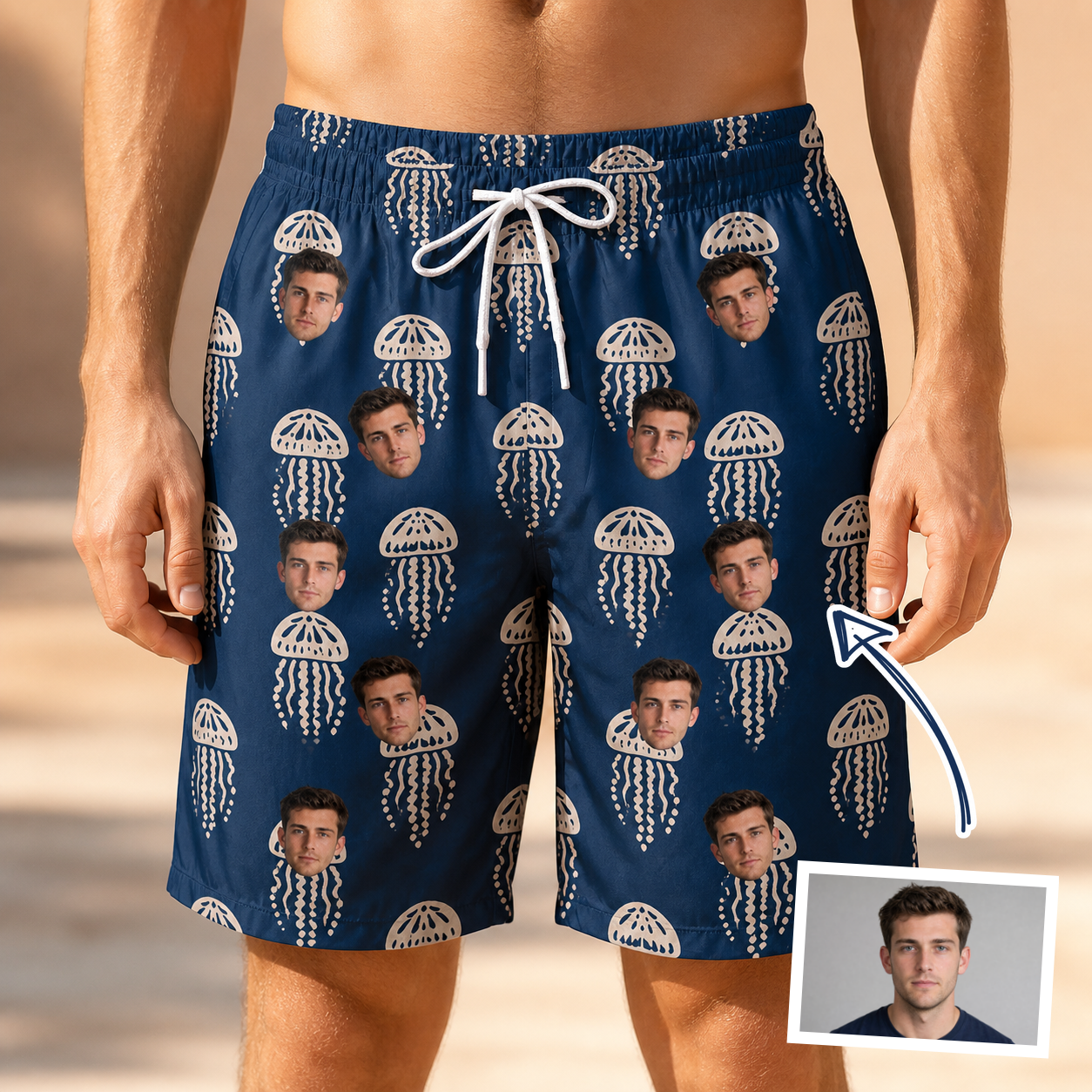 Man wearing Men's Nettle Nebula Custom Face Beach Shorts — custom faces printed all-over