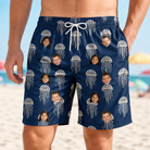 Model wearing Men's Nettle Nebula Custom Face Beach Shorts printed with kids' faces